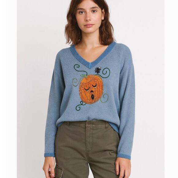 Vintage Halloween Sequin Jack O Lantern Pumpkin Coastal Grandma Sweater - Picture 3 of 13